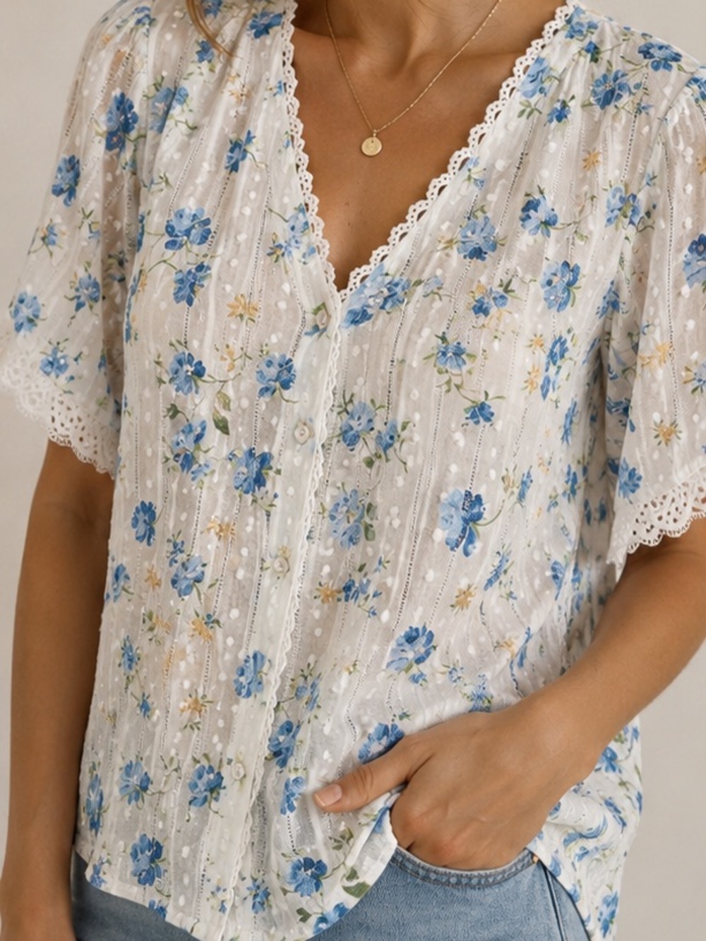Nanette Lepore White Blouse with Blue Floral Print size L NWT